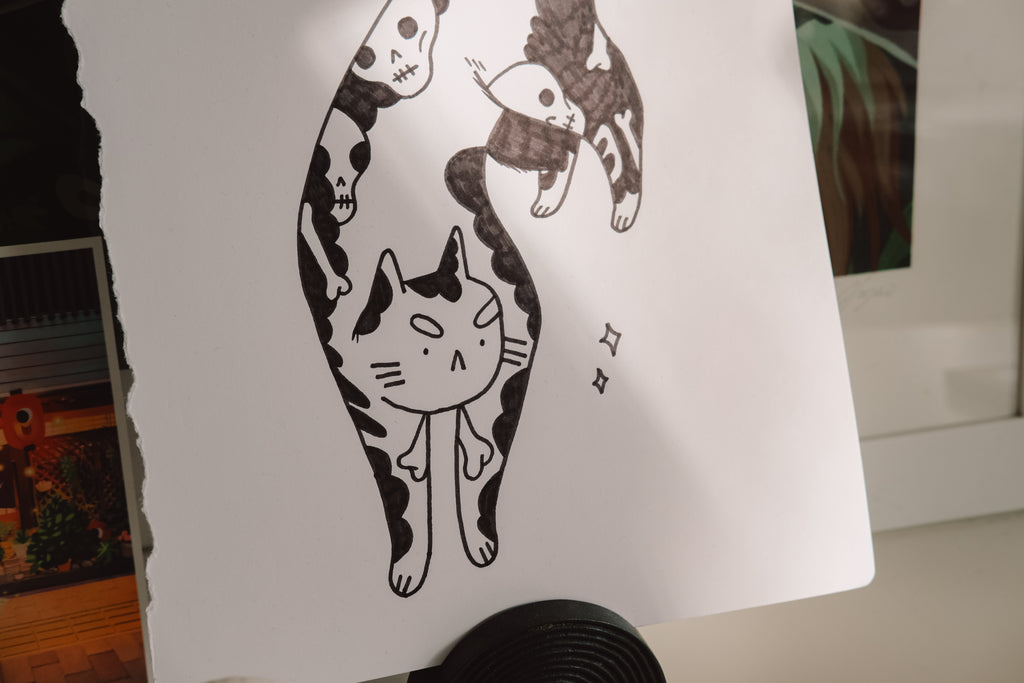 Tattoo Cat Original Marker Drawing - Signed